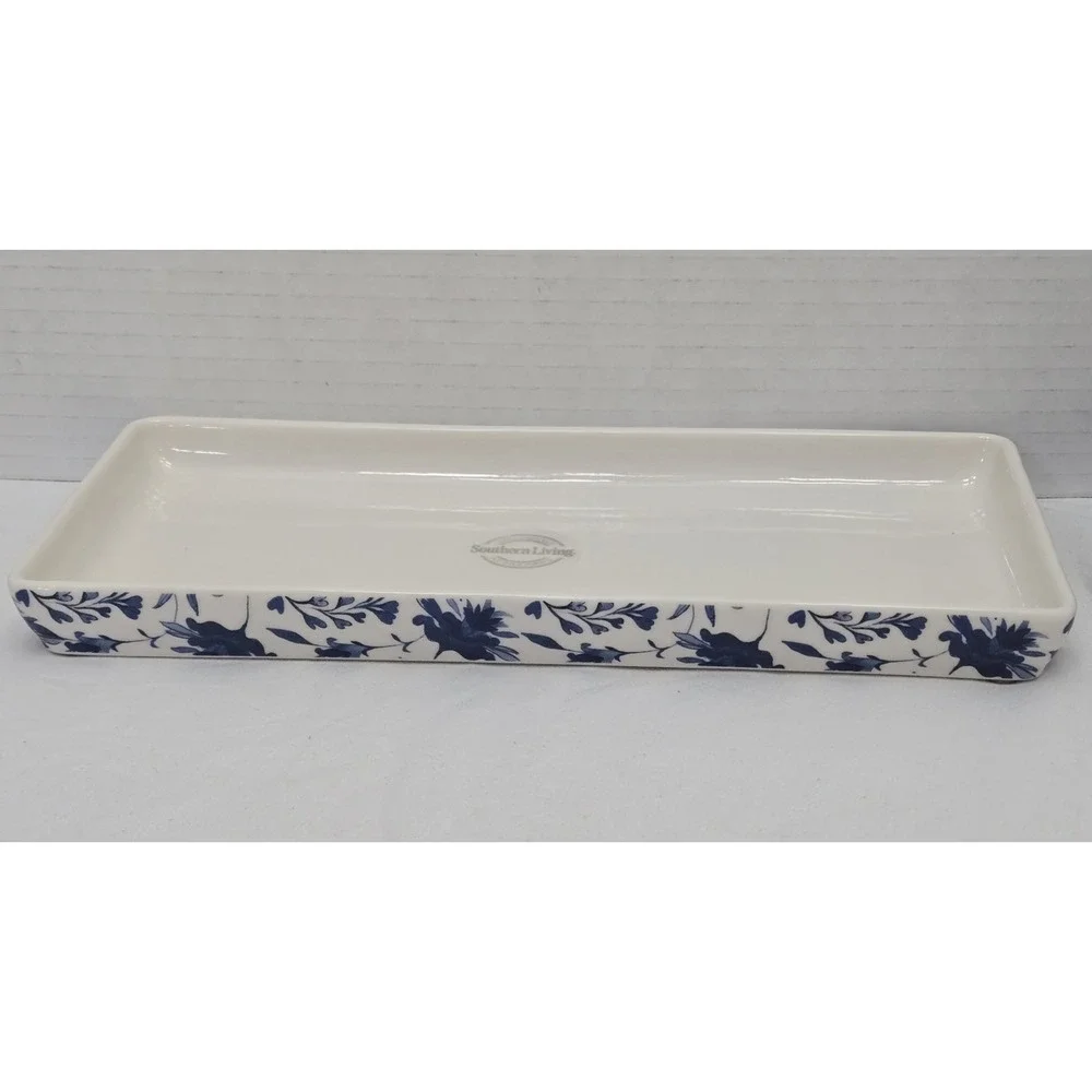 Southern Living Caroline Blue/White Floral Chinoiserie Lot/2 Vanity Tray/Holder